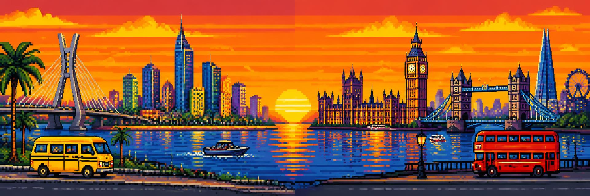 Pixel-art skyline of Lagos and London
